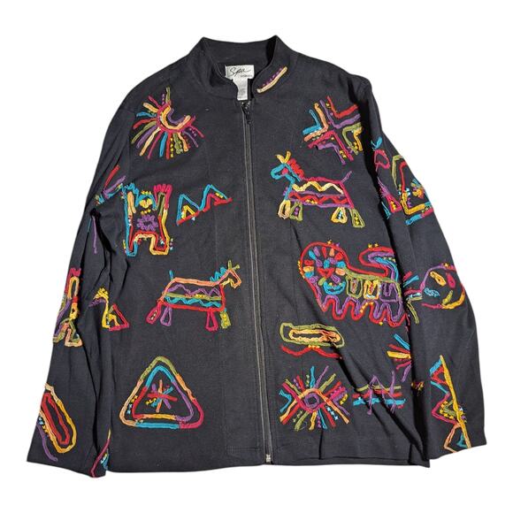 Vtg 1990s Spa By Chico's Black Neon Tribal Animal Zip Up Jersey Knit Jacket 1 S - Picture 1 of 4